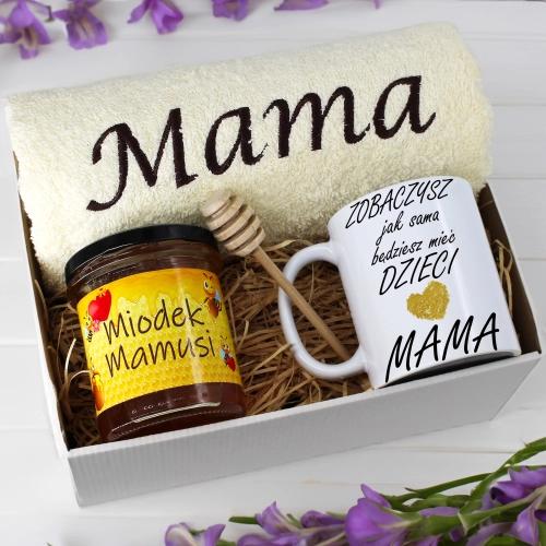 KOMPLET DLA MAMY RĘCZNIK Z HAFTEM + KUBEK + MIÓD PREZENT DZIEŃ MATKI MAMA