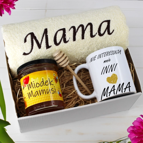 KOMPLET DLA MAMY RĘCZNIK Z HAFTEM + KUBEK + MIÓD PREZENT DZIEŃ MATKI MAMA
