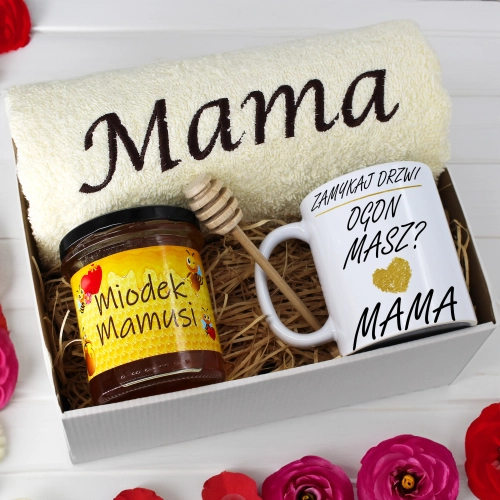 KOMPLET DLA MAMY RĘCZNIK Z HAFTEM + KUBEK + MIÓD PREZENT DZIEŃ MATKI MAMA