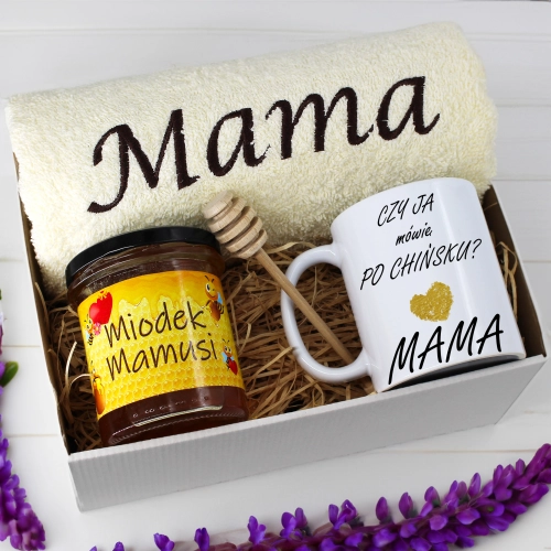 KOMPLET DLA MAMY RĘCZNIK Z HAFTEM + KUBEK + MIÓD PREZENT DZIEŃ MATKI MAMA