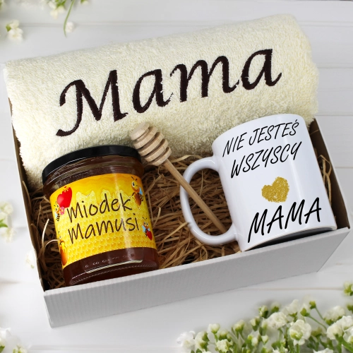 KOMPLET DLA MAMY RĘCZNIK Z HAFTEM + KUBEK + MIÓD PREZENT DZIEŃ MATKI MAMA