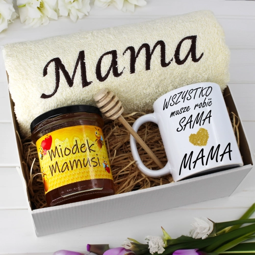 KOMPLET DLA MAMY RĘCZNIK Z HAFTEM + KUBEK + MIÓD PREZENT DZIEŃ MATKI MAMA