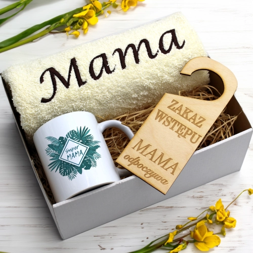 KOMPLET DLA MAMY RĘCZNIK Z HAFTEM + KUBEK 330ml NA PREZENT DZIEŃ MATKI MAMA