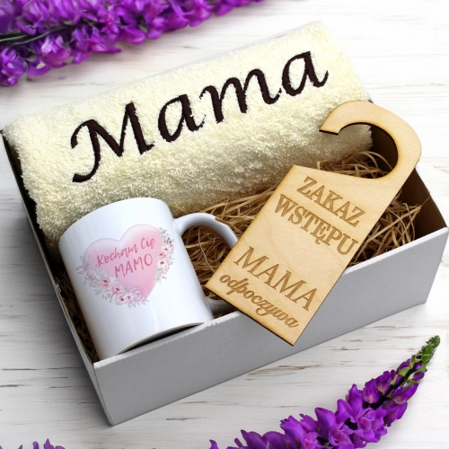 KOMPLET DLA MAMY RĘCZNIK Z HAFTEM + KUBEK 330ml NA PREZENT DZIEŃ MATKI MAMA