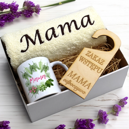 KOMPLET DLA MAMY RĘCZNIK Z HAFTEM + KUBEK 330ml NA PREZENT DZIEŃ MATKI MAMA
