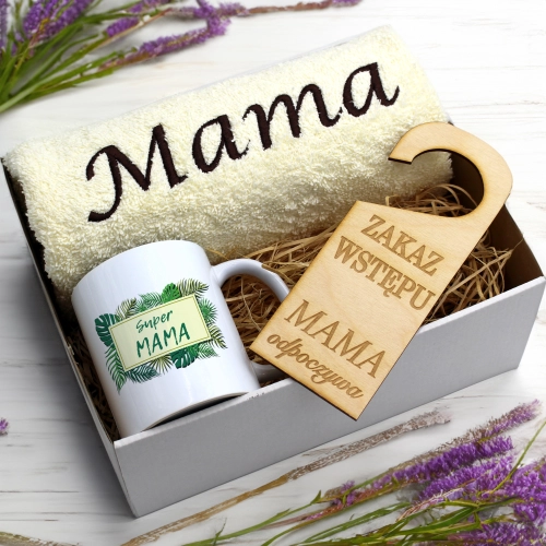 KOMPLET DLA MAMY RĘCZNIK Z HAFTEM + KUBEK 330ml NA PREZENT DZIEŃ MATKI MAMA