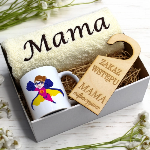 KOMPLET DLA MAMY RĘCZNIK Z HAFTEM + KUBEK 330ml NA PREZENT DZIEŃ MATKI MAMA