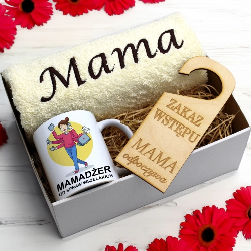 KOMPLET DLA MAMY RĘCZNIK Z HAFTEM + KUBEK 330ml NA PREZENT DZIEŃ MATKI MAMA