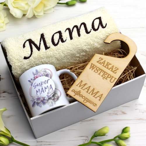 KOMPLET DLA MAMY RĘCZNIK Z HAFTEM + KUBEK 330ml NA PREZENT DZIEŃ MATKI MAMA