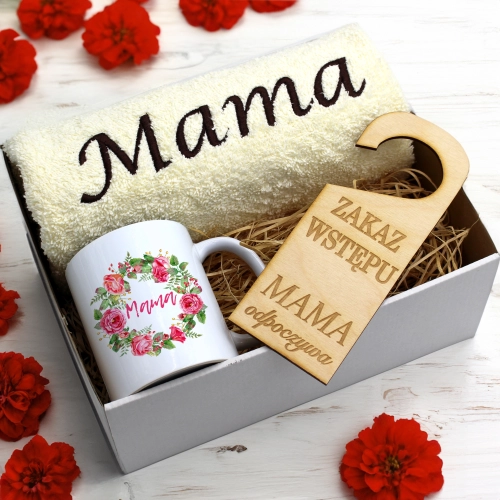KOMPLET DLA MAMY RĘCZNIK Z HAFTEM + KUBEK 330ml NA PREZENT DZIEŃ MATKI MAMA