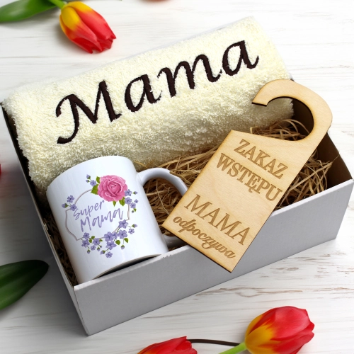 KOMPLET DLA MAMY RĘCZNIK Z HAFTEM + KUBEK 330ml NA PREZENT DZIEŃ MATKI MAMA