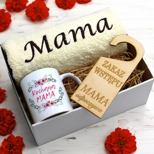 KOMPLET DLA MAMY RĘCZNIK Z HAFTEM + KUBEK 330ml NA PREZENT DZIEŃ MATKI MAMA