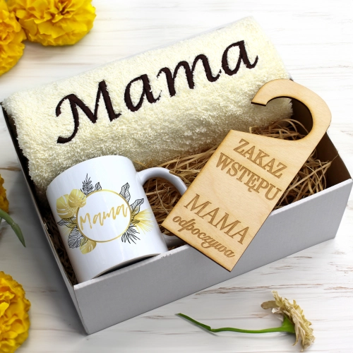 KOMPLET DLA MAMY RĘCZNIK Z HAFTEM + KUBEK 330ml NA PREZENT DZIEŃ MATKI MAMA
