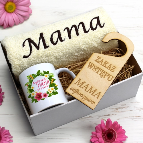KOMPLET DLA MAMY RĘCZNIK Z HAFTEM + KUBEK 330ml NA PREZENT DZIEŃ MATKI MAMA