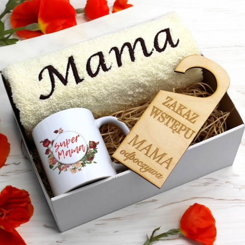 KOMPLET DLA MAMY RĘCZNIK Z HAFTEM + KUBEK 330ml NA PREZENT DZIEŃ MATKI MAMA