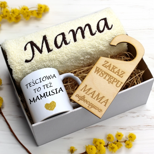 KOMPLET DLA MAMY RĘCZNIK Z HAFTEM + KUBEK 330ml NA PREZENT DZIEŃ MATKI MAMA