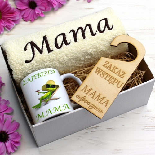 KOMPLET DLA MAMY RĘCZNIK Z HAFTEM + KUBEK 330ml NA PREZENT DZIEŃ MATKI MAMA