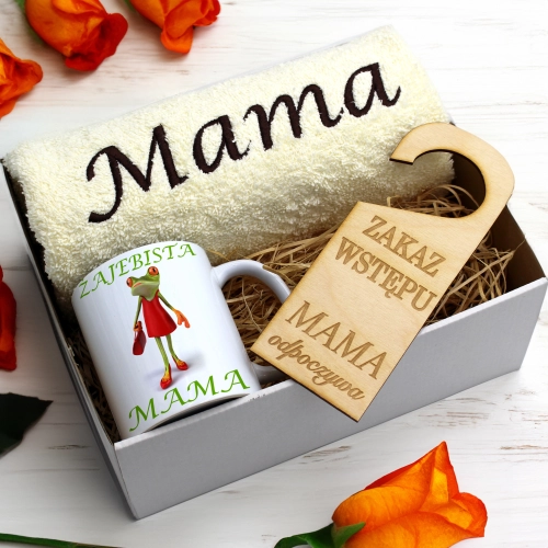 KOMPLET DLA MAMY RĘCZNIK Z HAFTEM + KUBEK 330ml NA PREZENT DZIEŃ MATKI MAMA