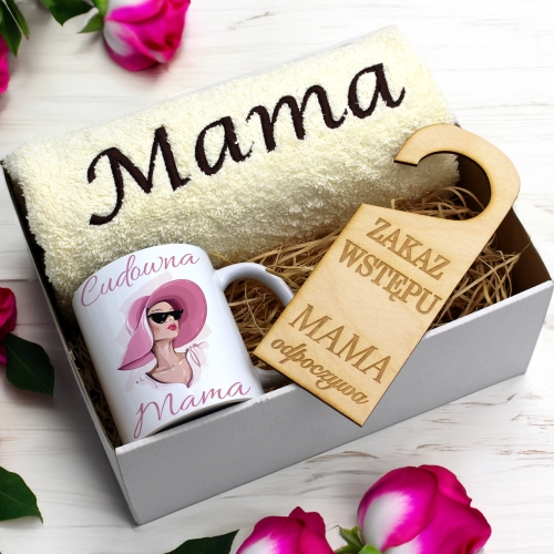 KOMPLET DLA MAMY RĘCZNIK Z HAFTEM + KUBEK 330ml NA PREZENT DZIEŃ MATKI MAMA