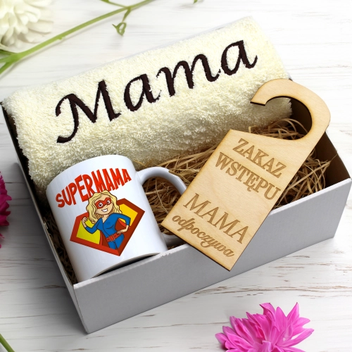 KOMPLET DLA MAMY RĘCZNIK Z HAFTEM + KUBEK 330ml NA PREZENT DZIEŃ MATKI MAMA