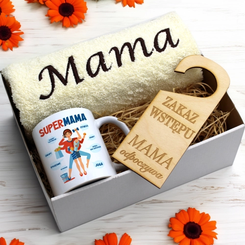 KOMPLET DLA MAMY RĘCZNIK Z HAFTEM + KUBEK 330ml NA PREZENT DZIEŃ MATKI MAMA