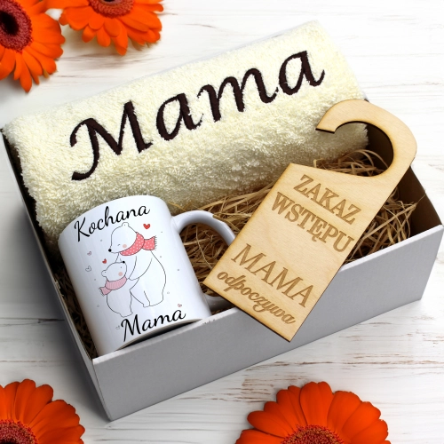 KOMPLET DLA MAMY RĘCZNIK Z HAFTEM + KUBEK 330ml NA PREZENT DZIEŃ MATKI MAMA
