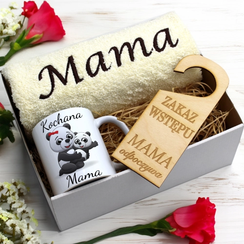 KOMPLET DLA MAMY RĘCZNIK Z HAFTEM + KUBEK 330ml NA PREZENT DZIEŃ MATKI MAMA
