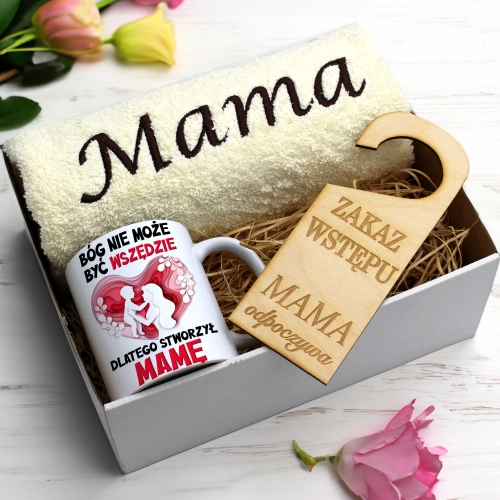 KOMPLET DLA MAMY RĘCZNIK Z HAFTEM + KUBEK 330ml NA PREZENT DZIEŃ MATKI MAMA