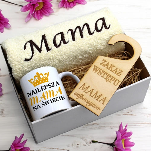 KOMPLET DLA MAMY RĘCZNIK Z HAFTEM + KUBEK 330ml NA PREZENT DZIEŃ MATKI MAMA