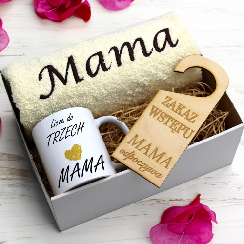 KOMPLET DLA MAMY RĘCZNIK Z HAFTEM + KUBEK 330ml NA PREZENT DZIEŃ MATKI MAMA