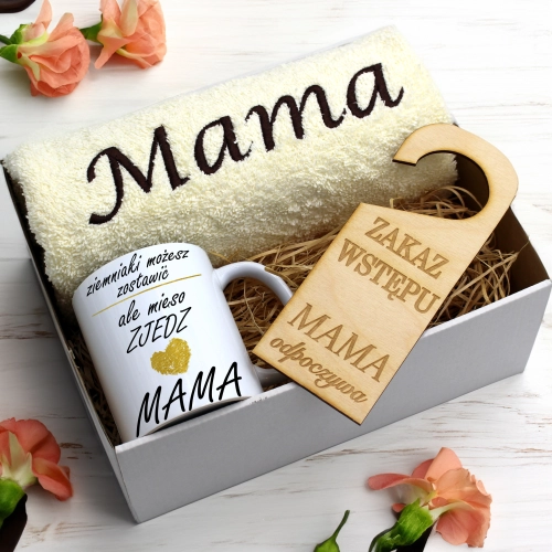 KOMPLET DLA MAMY RĘCZNIK Z HAFTEM + KUBEK 330ml NA PREZENT DZIEŃ MATKI MAMA