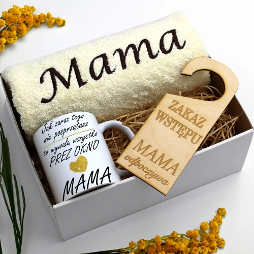 KOMPLET DLA MAMY RĘCZNIK Z HAFTEM + KUBEK 330ml NA PREZENT DZIEŃ MATKI MAMA