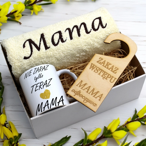 KOMPLET DLA MAMY RĘCZNIK Z HAFTEM + KUBEK 330ml NA PREZENT DZIEŃ MATKI MAMA