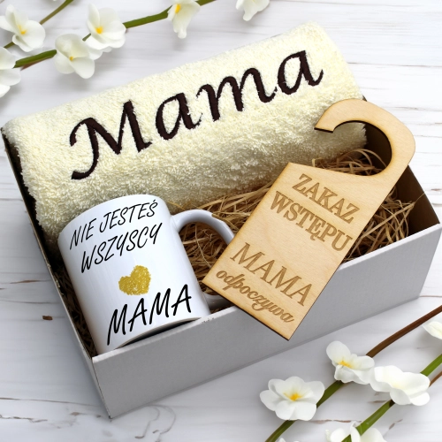 KOMPLET DLA MAMY RĘCZNIK Z HAFTEM + KUBEK 330ml NA PREZENT DZIEŃ MATKI MAMA