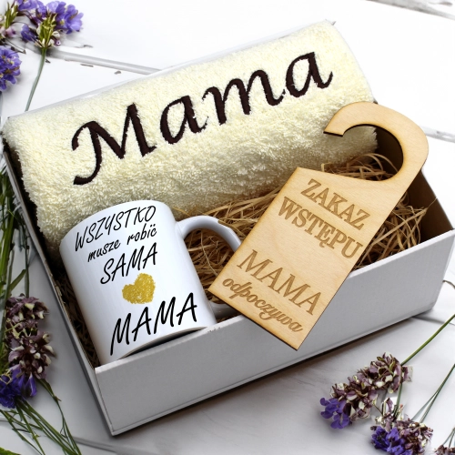 KOMPLET DLA MAMY RĘCZNIK Z HAFTEM + KUBEK 330ml NA PREZENT DZIEŃ MATKI MAMA