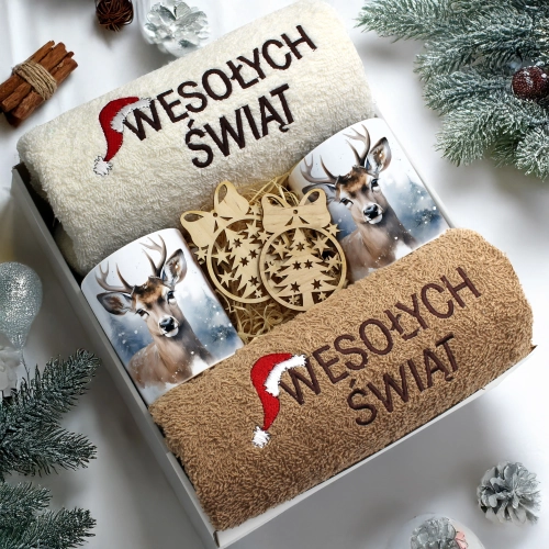 ZESTAW PREZENT ŚWIĄTECZNY KOMPLET KUBKI RĘCZNIKI ŚWIĘTA MIKOŁAJ POD CHOINKĘ