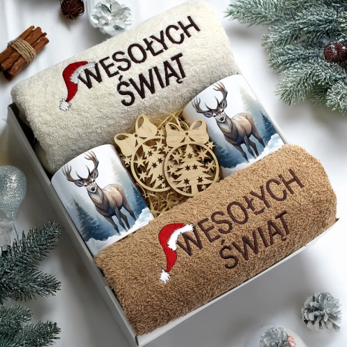 ZESTAW PREZENT ŚWIĄTECZNY KOMPLET KUBKI RĘCZNIKI ŚWIĘTA MIKOŁAJ POD CHOINKĘ