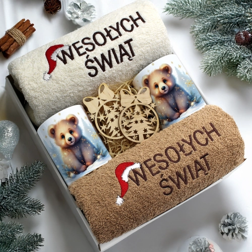 ZESTAW PREZENT ŚWIĄTECZNY KOMPLET KUBKI RĘCZNIKI ŚWIĘTA MIKOŁAJ POD CHOINKĘ