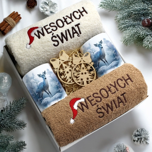 ZESTAW PREZENT ŚWIĄTECZNY KOMPLET KUBKI RĘCZNIKI ŚWIĘTA MIKOŁAJ POD CHOINKĘ