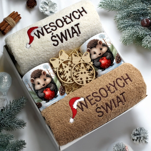 ZESTAW PREZENT ŚWIĄTECZNY KOMPLET KUBKI RĘCZNIKI ŚWIĘTA MIKOŁAJ POD CHOINKĘ