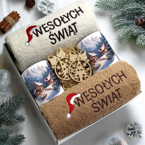 ZESTAW PREZENT ŚWIĄTECZNY KOMPLET KUBKI RĘCZNIKI ŚWIĘTA MIKOŁAJ POD CHOINKĘ