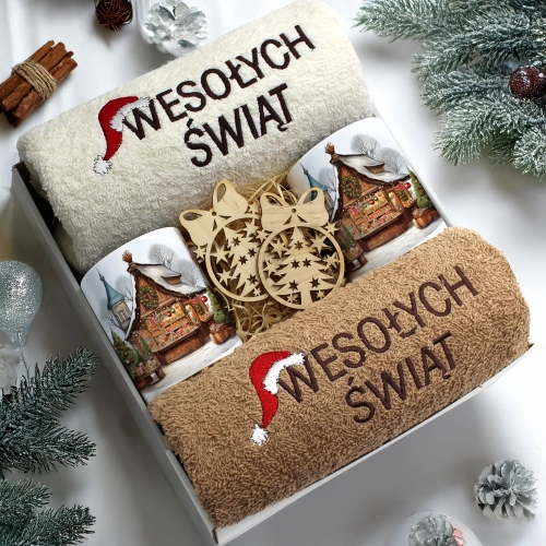 ZESTAW PREZENT ŚWIĄTECZNY KOMPLET KUBKI RĘCZNIKI ŚWIĘTA MIKOŁAJ POD CHOINKĘ