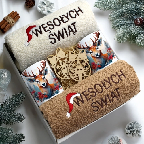 ZESTAW PREZENT ŚWIĄTECZNY KOMPLET KUBKI RĘCZNIKI ŚWIĘTA MIKOŁAJ POD CHOINKĘ