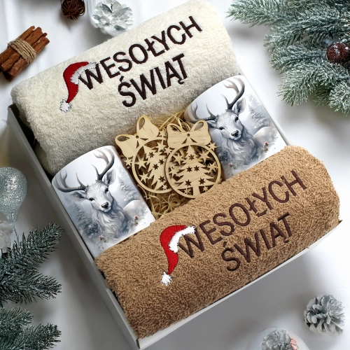 ZESTAW PREZENT ŚWIĄTECZNY KOMPLET KUBKI RĘCZNIKI ŚWIĘTA MIKOŁAJ POD CHOINKĘ