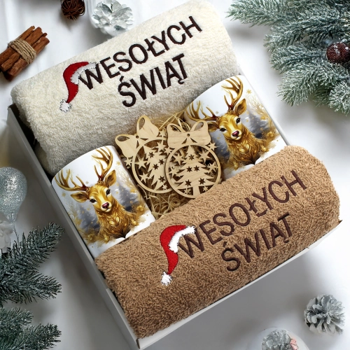 ZESTAW PREZENT ŚWIĄTECZNY KOMPLET KUBKI RĘCZNIKI ŚWIĘTA MIKOŁAJ POD CHOINKĘ