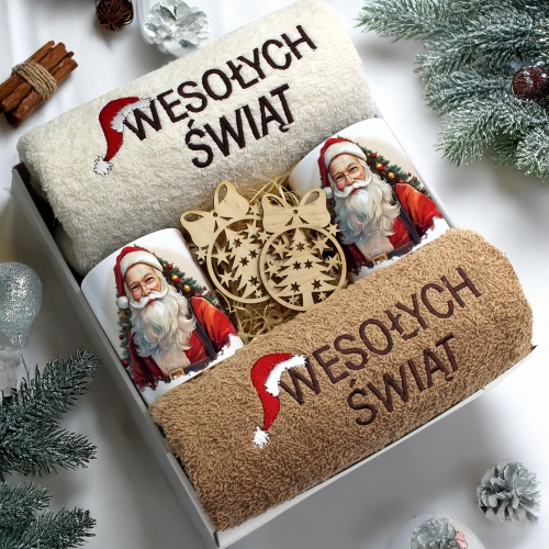 ZESTAW PREZENT ŚWIĄTECZNY KOMPLET KUBKI RĘCZNIKI ŚWIĘTA MIKOŁAJ POD CHOINKĘ