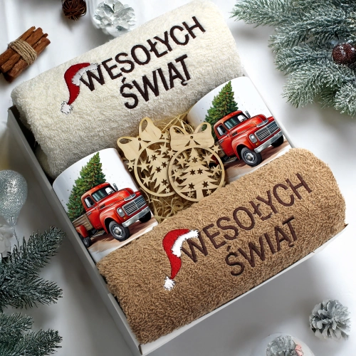 ZESTAW PREZENT ŚWIĄTECZNY KOMPLET KUBKI RĘCZNIKI ŚWIĘTA MIKOŁAJ POD CHOINKĘ