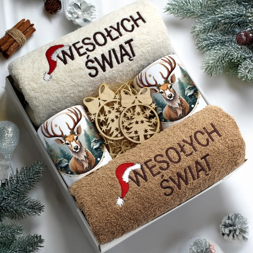 ZESTAW PREZENT ŚWIĄTECZNY KOMPLET KUBKI RĘCZNIKI ŚWIĘTA MIKOŁAJ POD CHOINKĘ