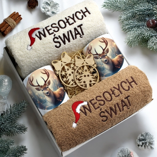 ZESTAW PREZENT ŚWIĄTECZNY KOMPLET KUBKI RĘCZNIKI ŚWIĘTA MIKOŁAJ POD CHOINKĘ