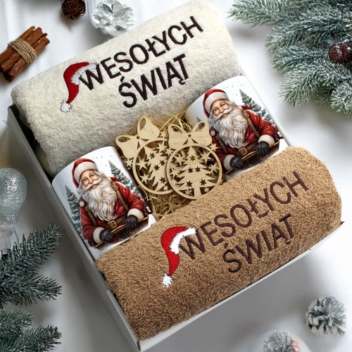 ZESTAW PREZENT ŚWIĄTECZNY KOMPLET KUBKI RĘCZNIKI ŚWIĘTA MIKOŁAJ POD CHOINKĘ